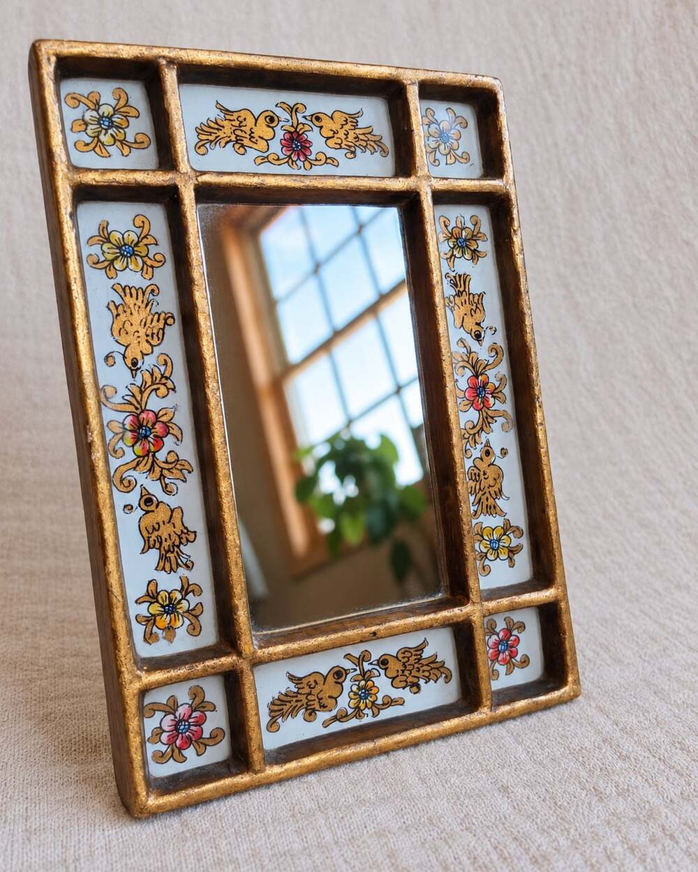 Parva Hand Made In Peru Wall Mirror Gold Wood Folk Art Reverse Glass